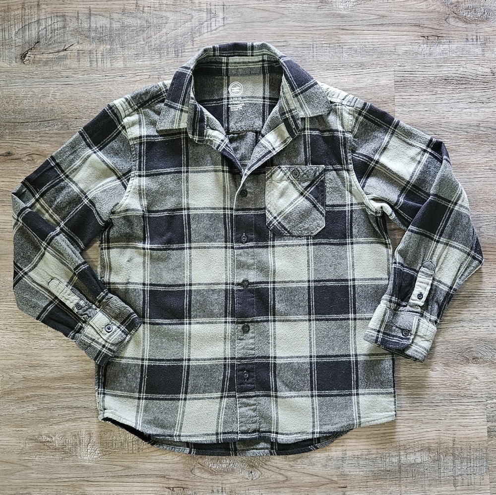 Sage‎ Green & Black Plaid Flannel Kids Long Sleeve Shirt